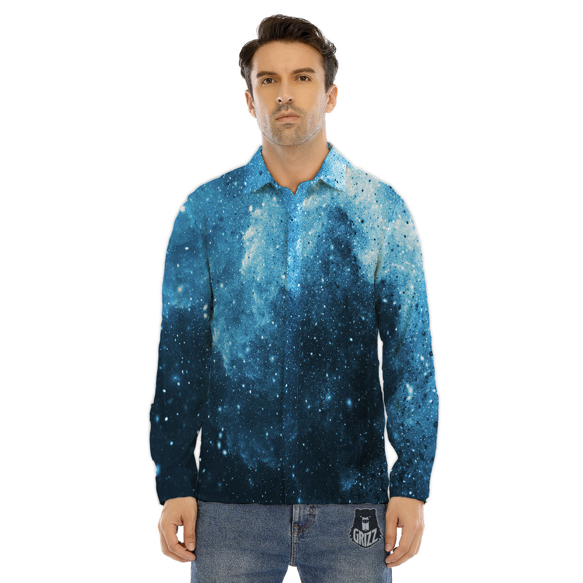 Galaxy Space White Cloud Print Men's Dress Shirts-grizzshop