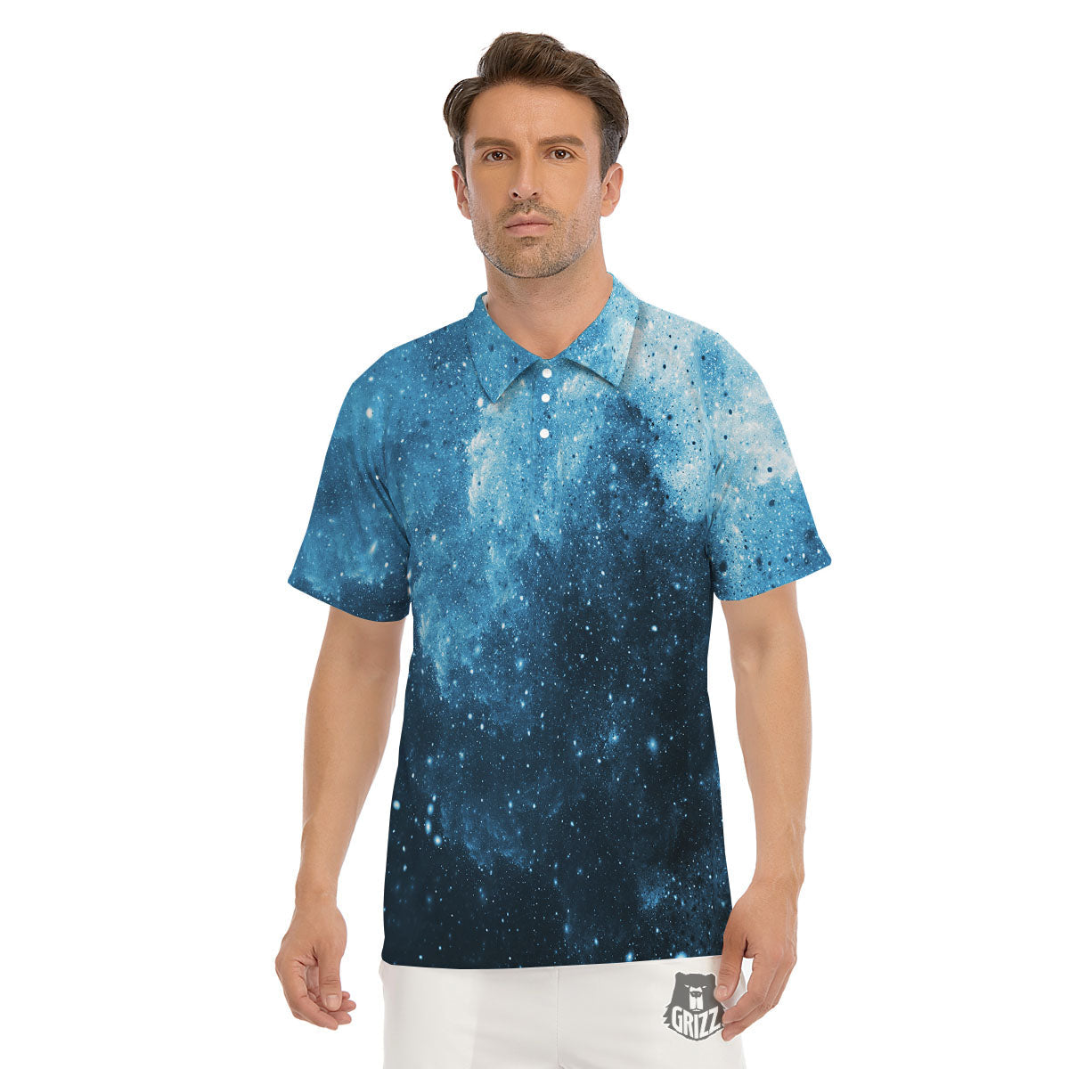 Galaxy Space White Cloud Print Men's Golf Shirts-grizzshop