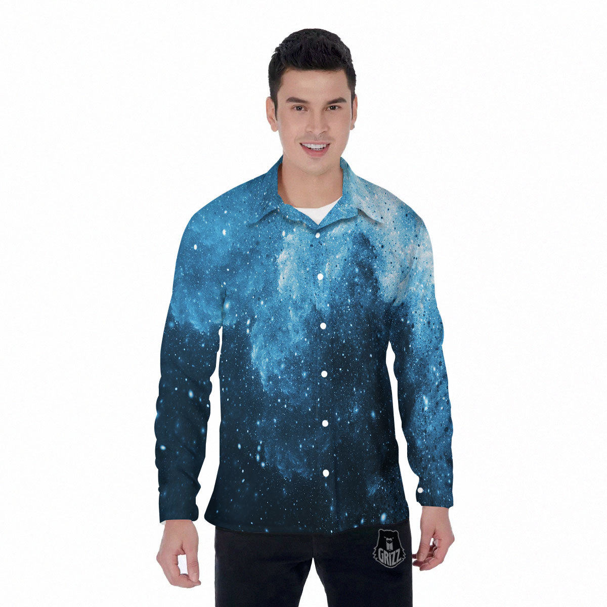 Galaxy Space White Cloud Print Men's Long Sleeve Shirts-grizzshop