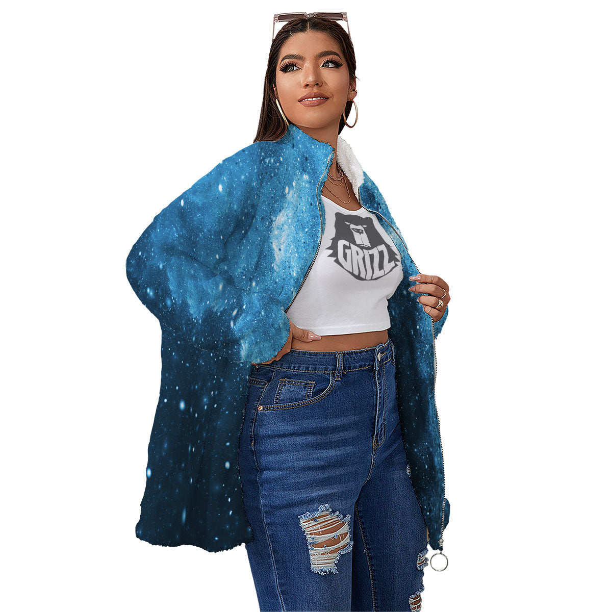 Galaxy Space White Cloud Print Women's Sherpa Jacket-grizzshop