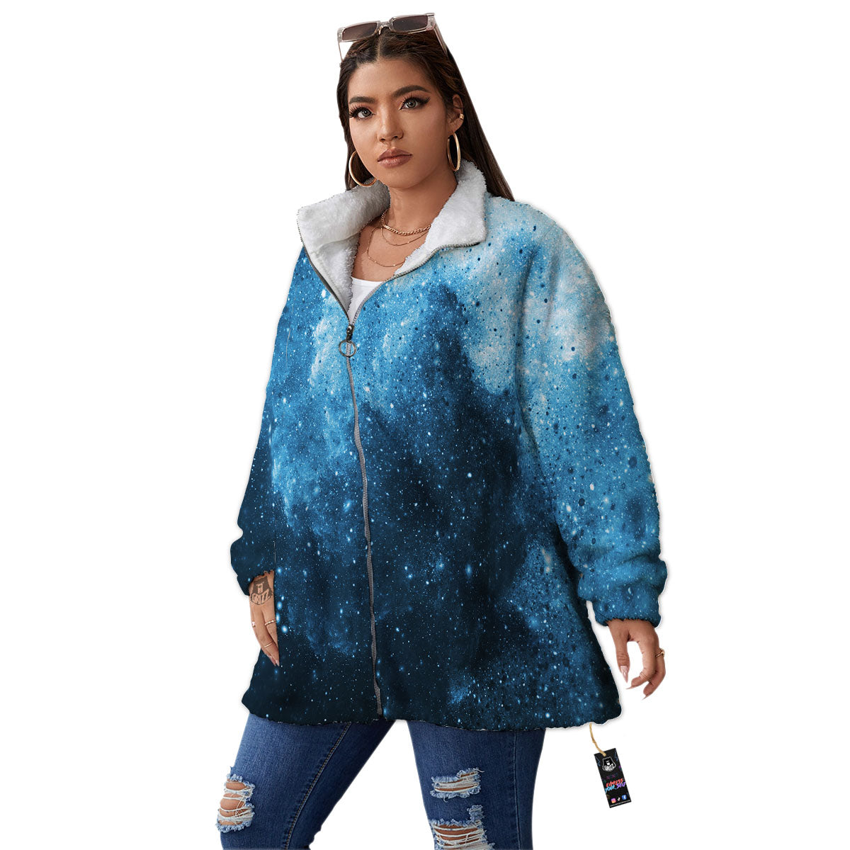 Galaxy Space White Cloud Print Women's Sherpa Jacket-grizzshop
