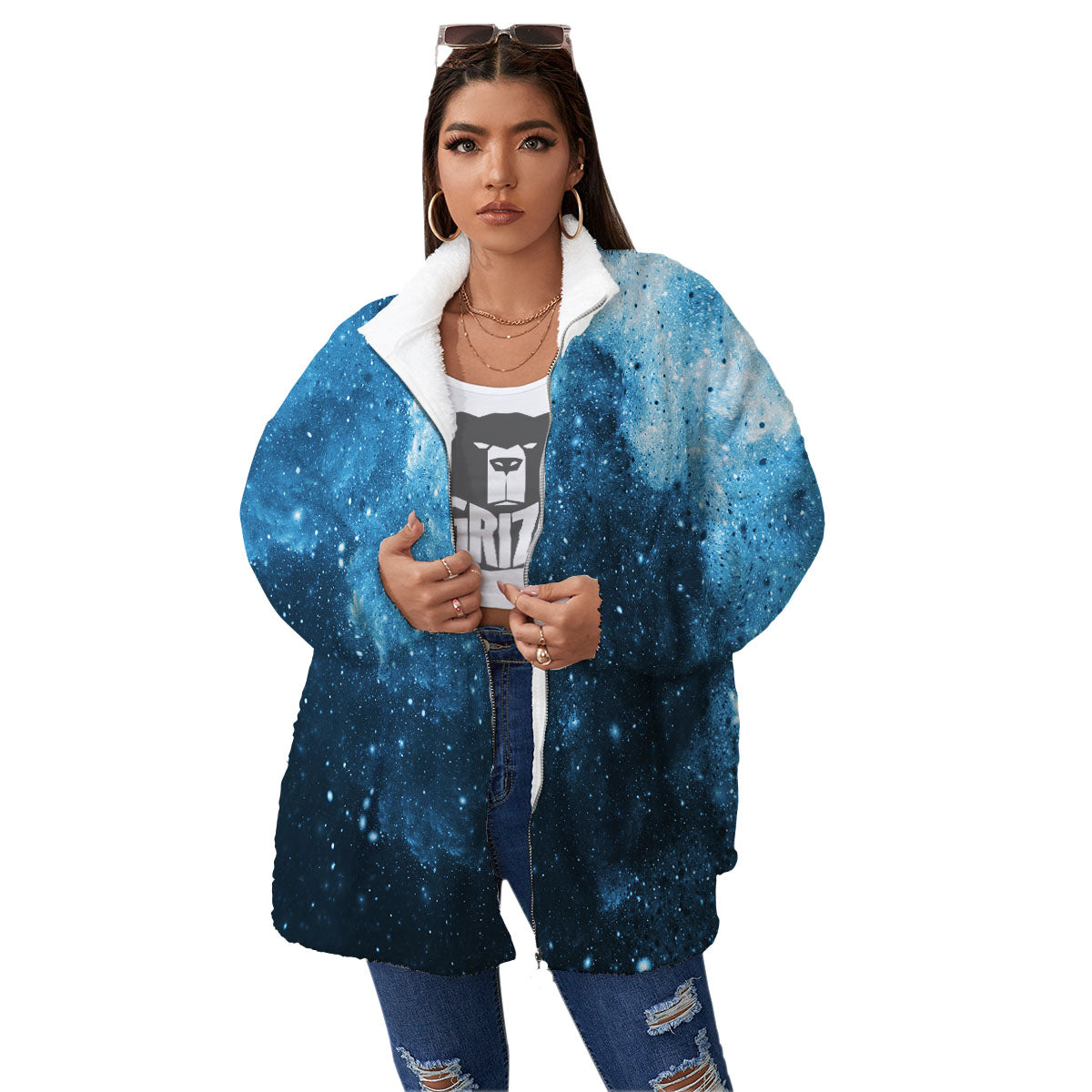 Galaxy Space White Cloud Print Women's Sherpa Jacket-grizzshop