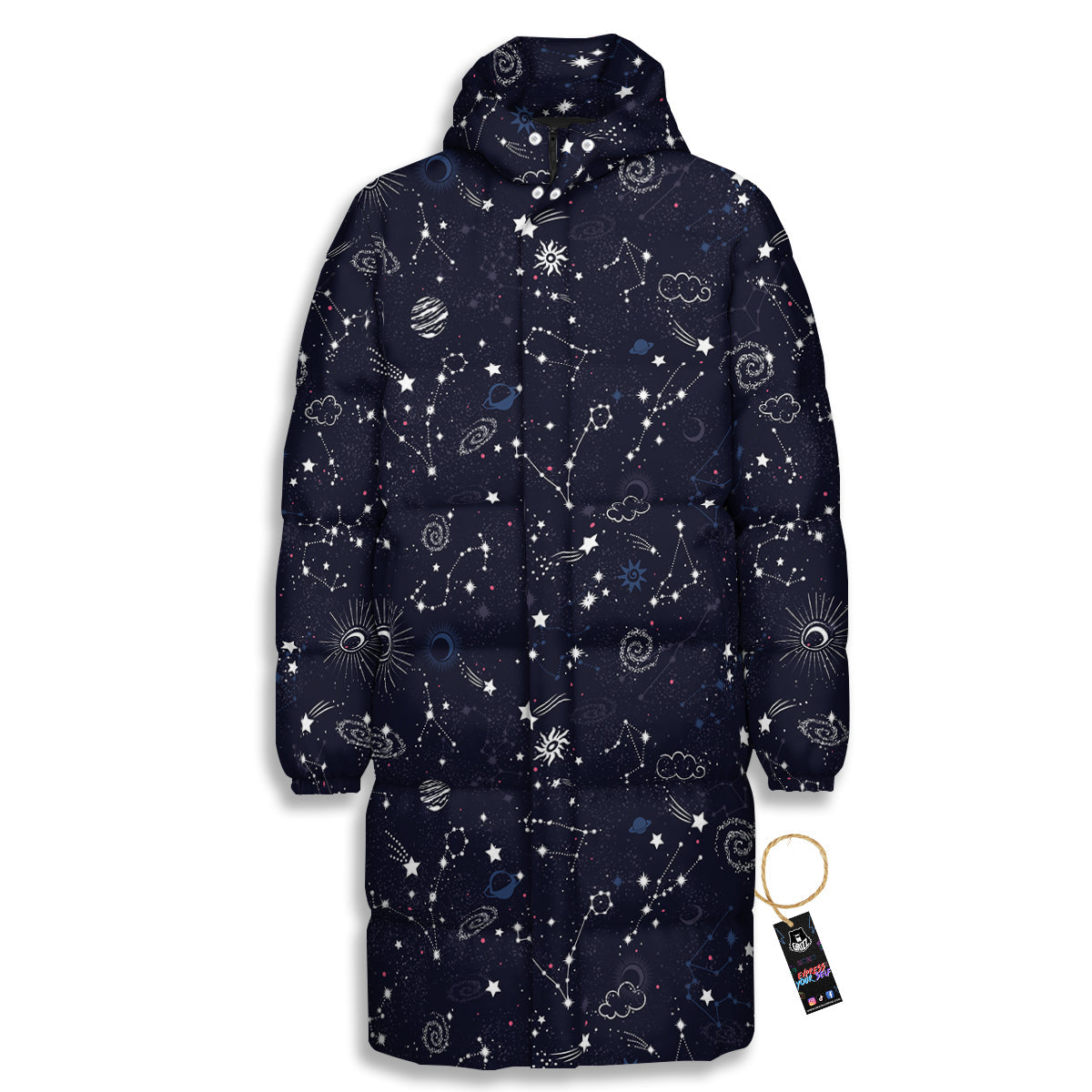 Galaxy Space Zodiac Star Signs Print Long Down Jacket-grizzshop