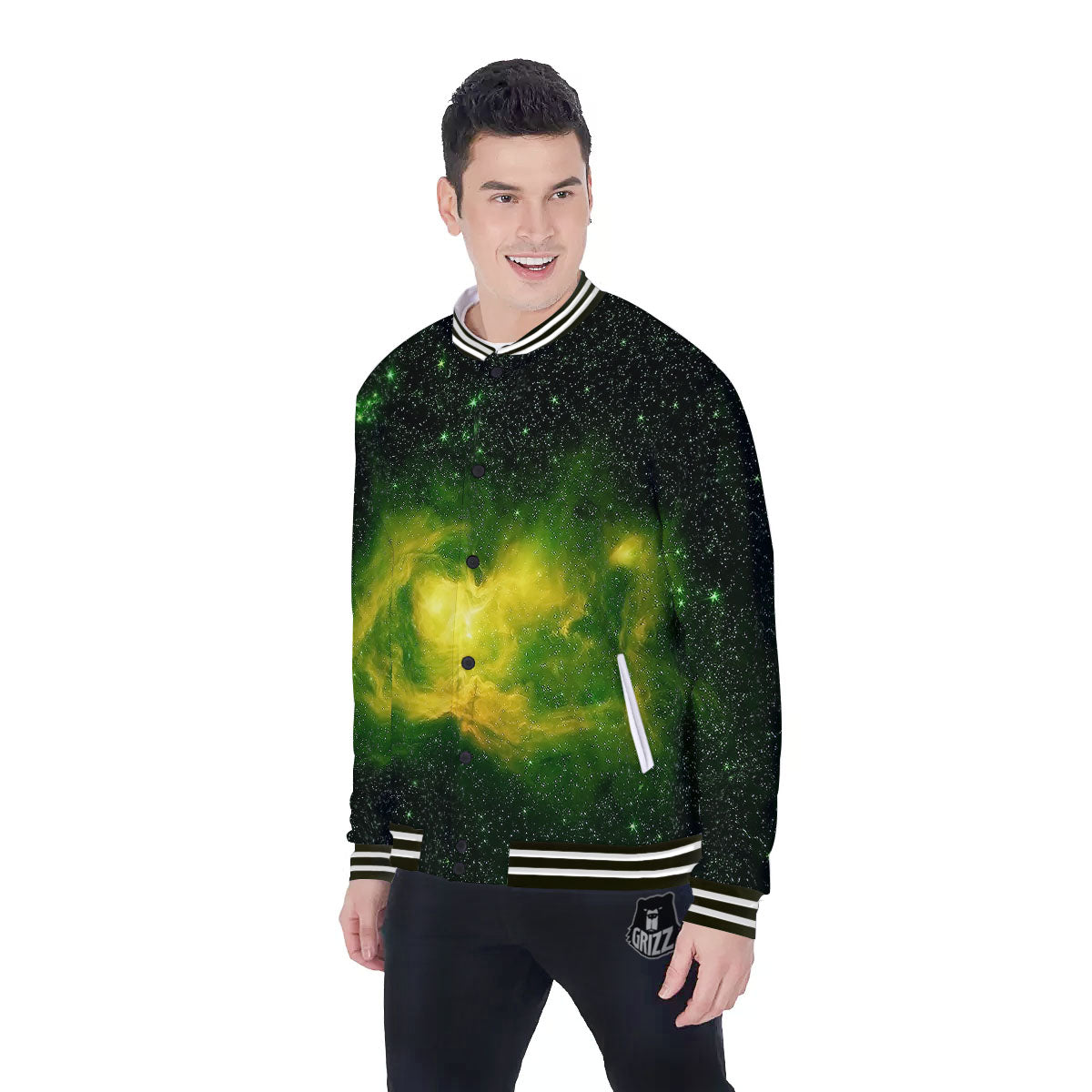Galaxy Sparkle Green Print Baseball Jacket-grizzshop