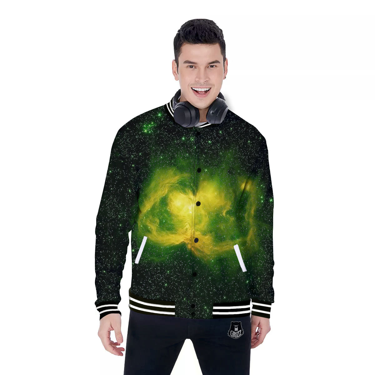 Galaxy Sparkle Green Print Baseball Jacket-grizzshop