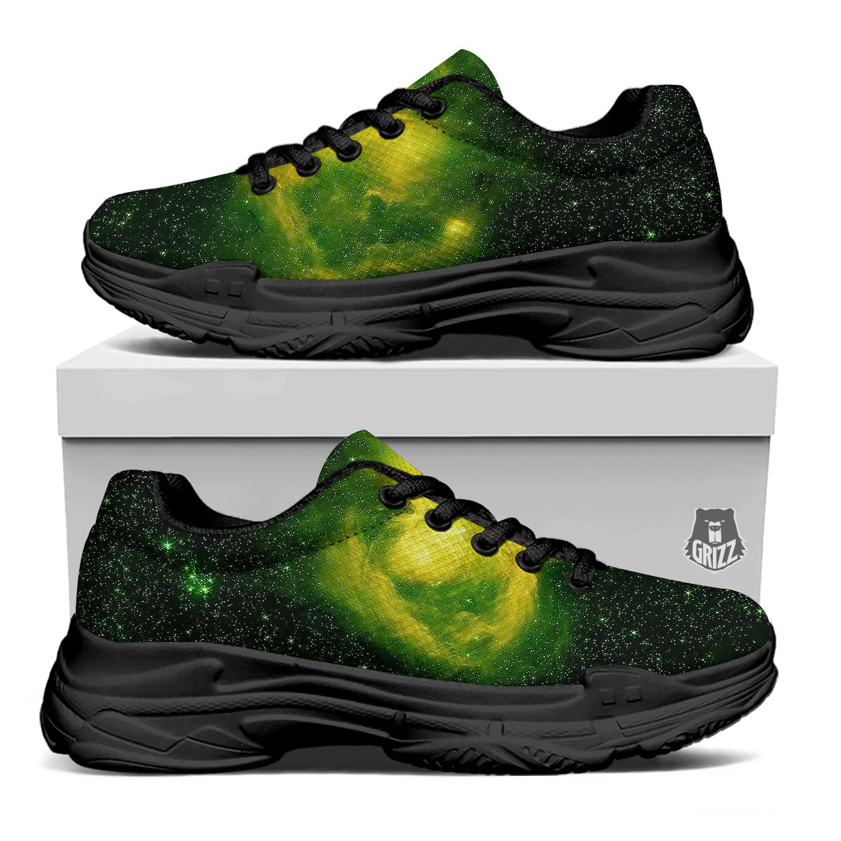 Galaxy Sparkle Green Print Black Chunky Shoes-grizzshop