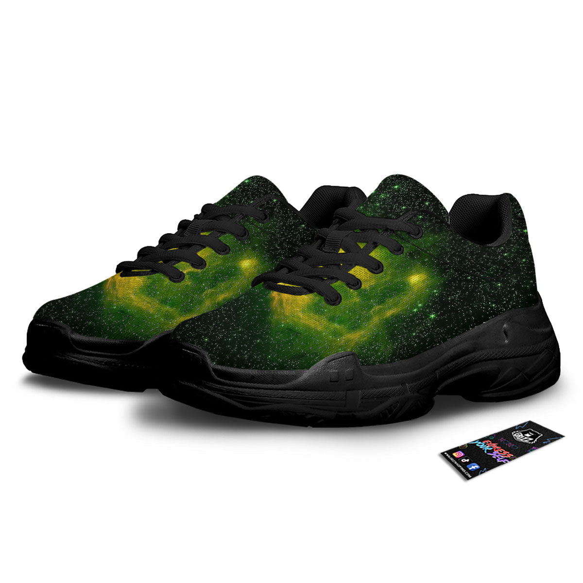 Galaxy Sparkle Green Print Black Chunky Shoes-grizzshop