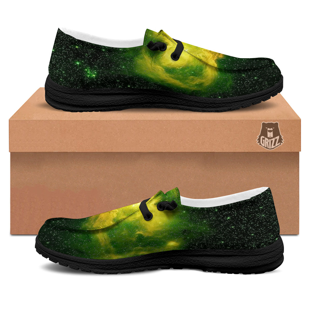 Galaxy Sparkle Green Print Black Loafers-grizzshop