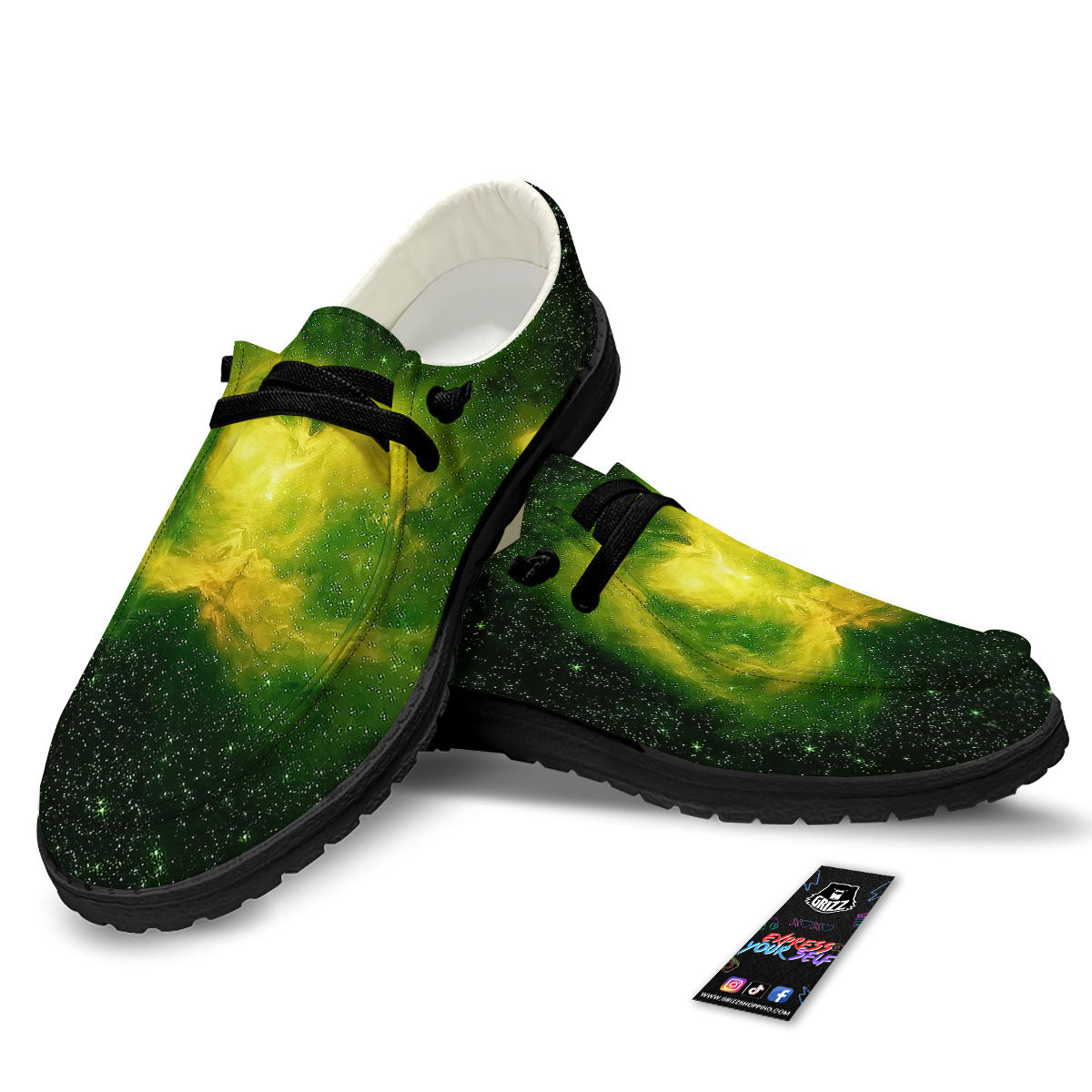 Galaxy Sparkle Green Print Black Loafers-grizzshop