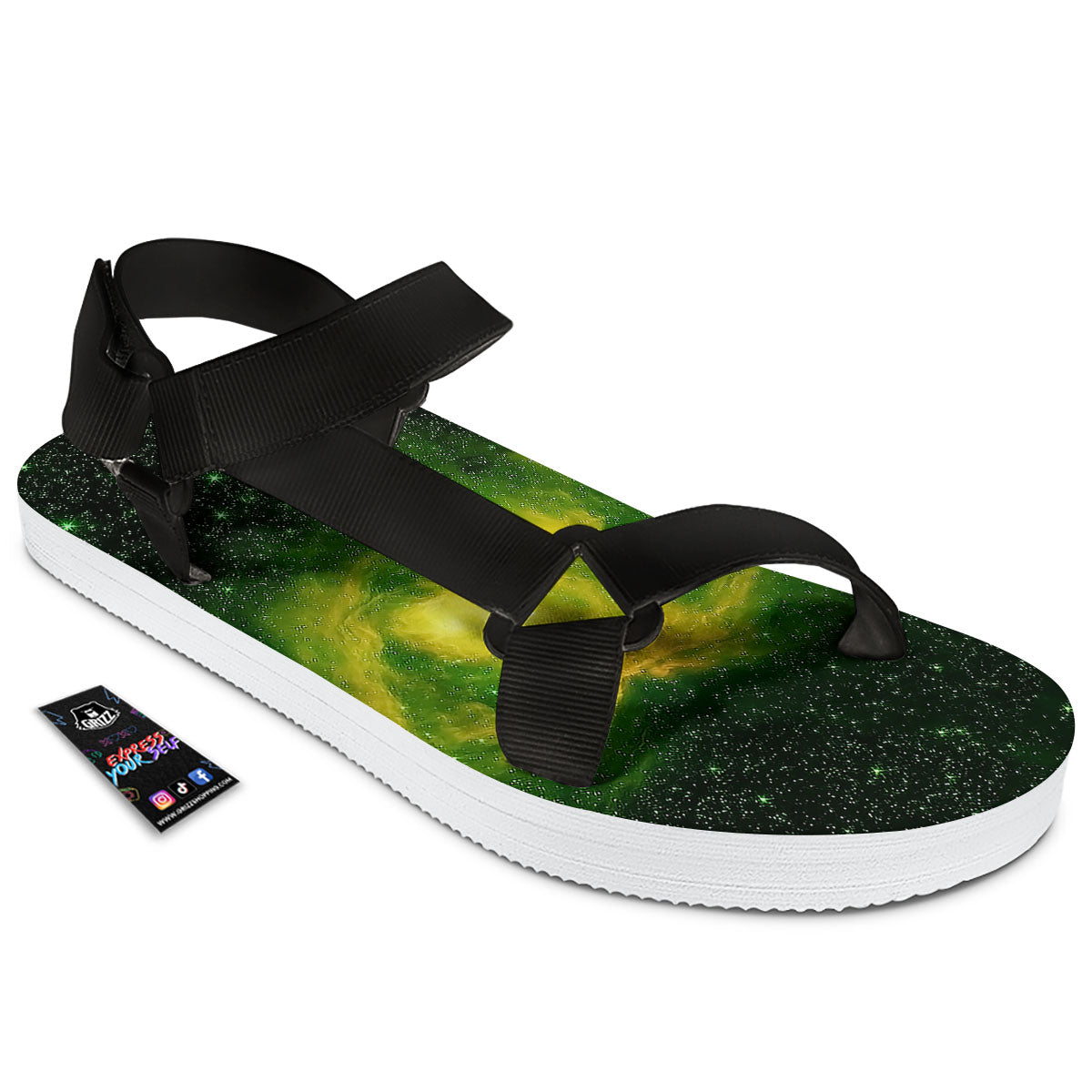 Galaxy Sparkle Green Print Black Open Toe Sandals-grizzshop