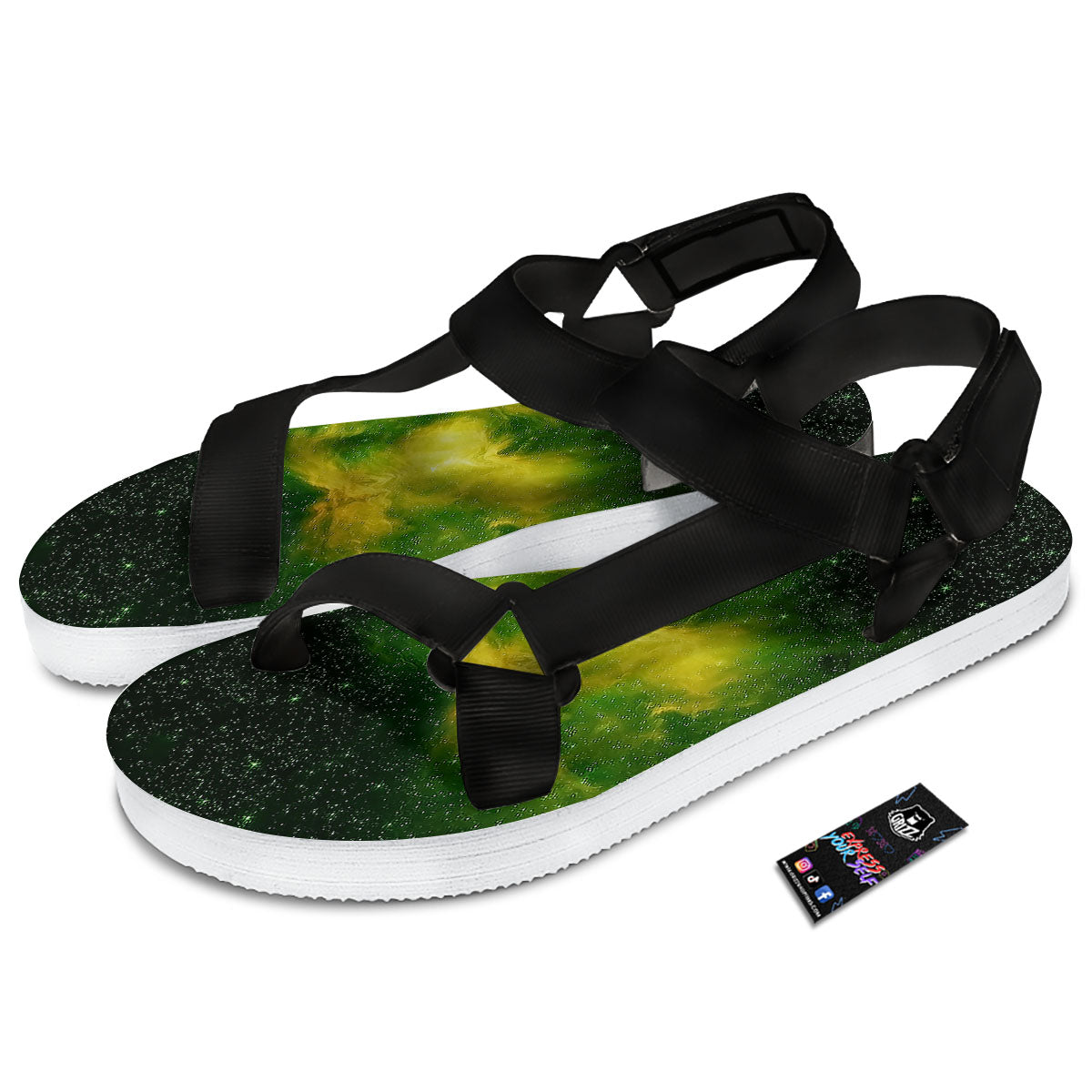 Galaxy Sparkle Green Print Black Open Toe Sandals-grizzshop