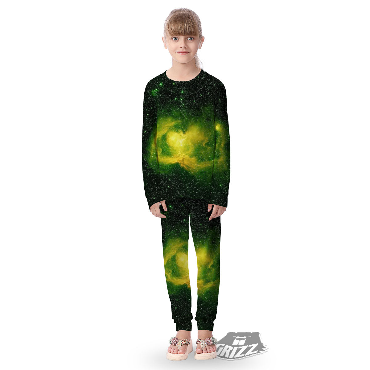 Galaxy Sparkle Green Print Kid's Pajamas-grizzshop