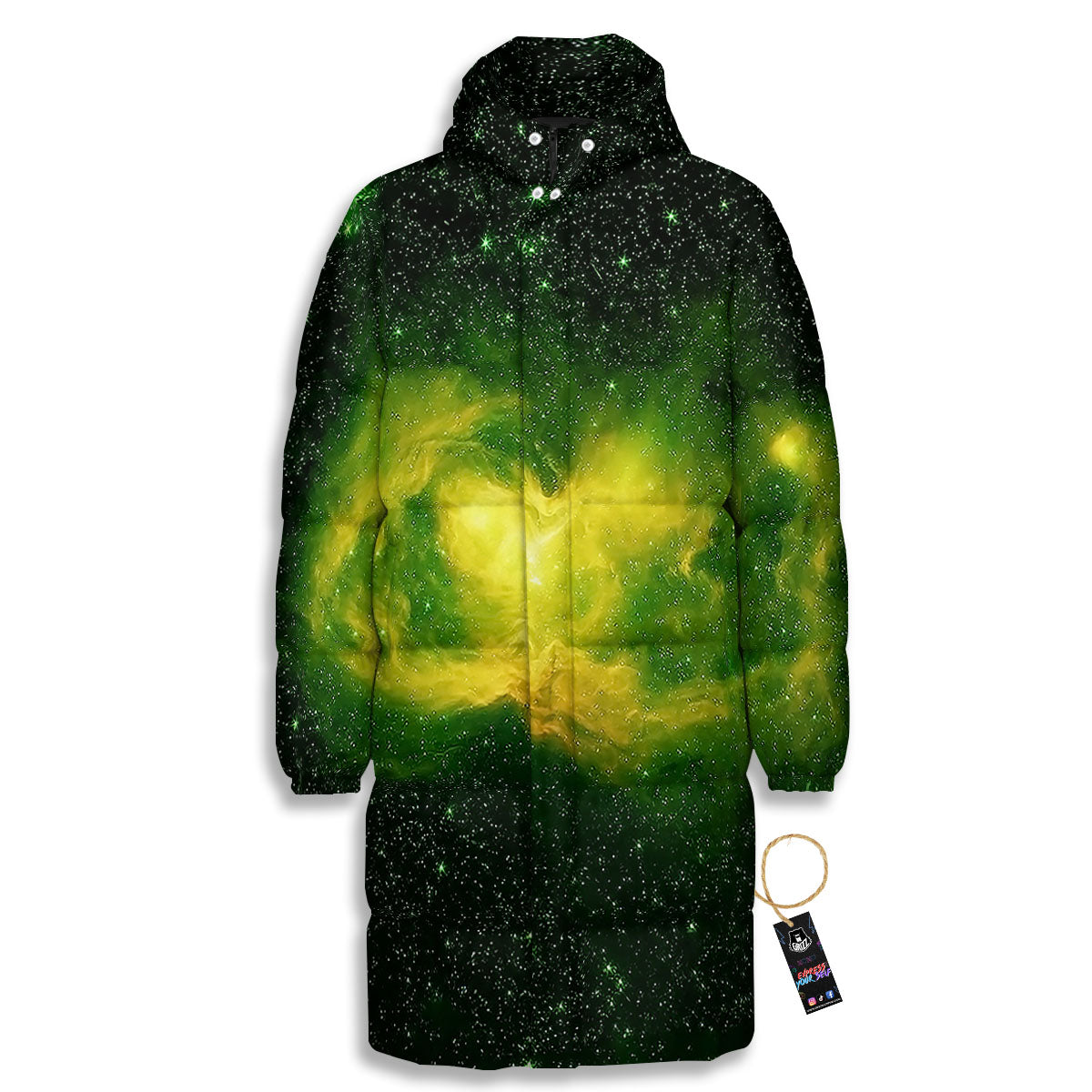 Galaxy Sparkle Green Print Long Down Jacket-grizzshop