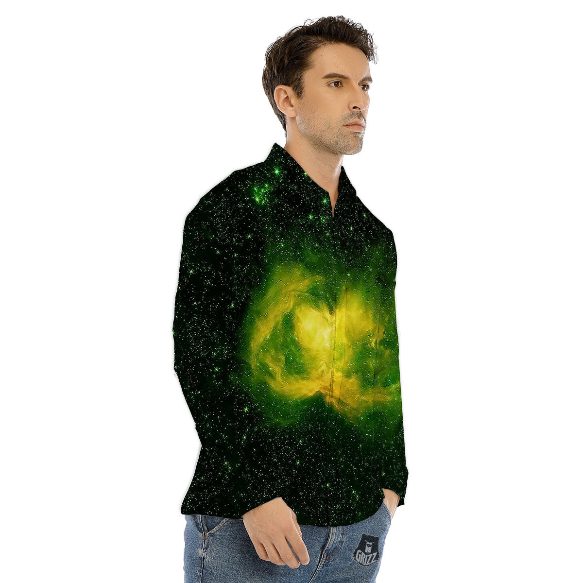 Galaxy Sparkle Green Print Men's Dress Shirts-grizzshop