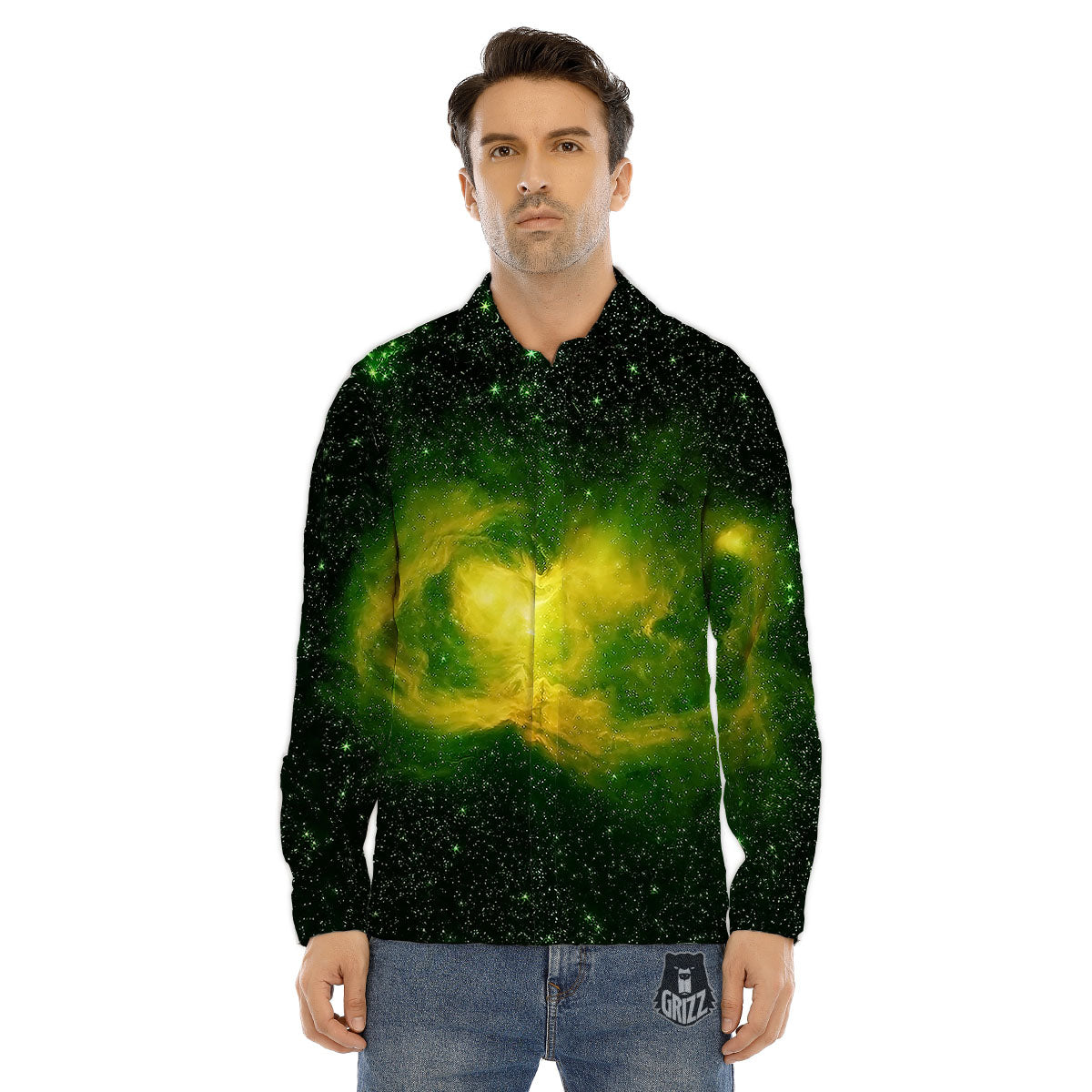 Galaxy Sparkle Green Print Men's Dress Shirts-grizzshop