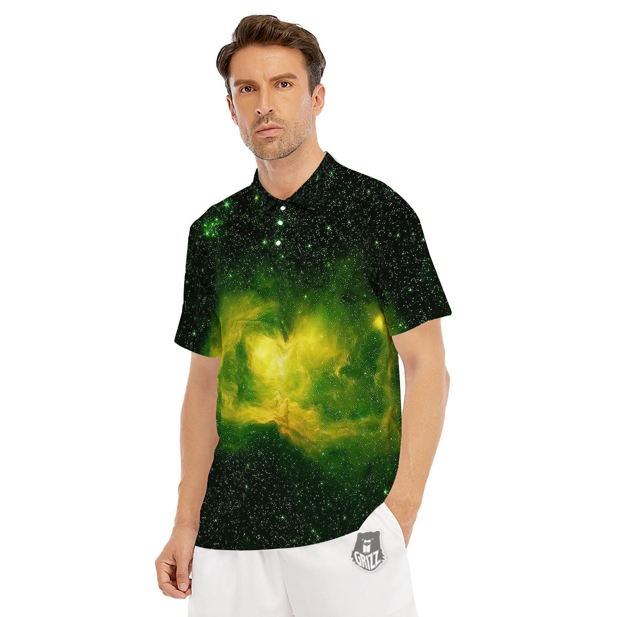 Galaxy Sparkle Green Print Men's Golf Shirts-grizzshop