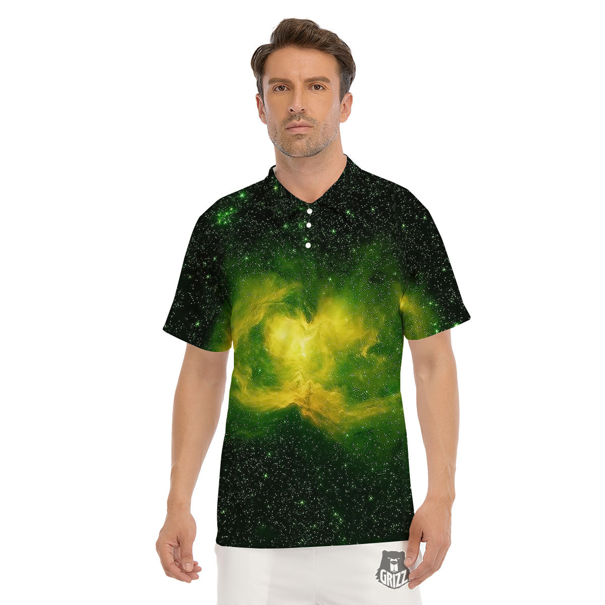 Galaxy Sparkle Green Print Men's Golf Shirts-grizzshop