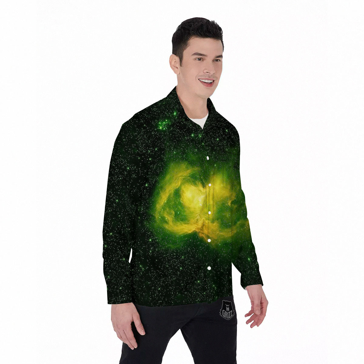 Galaxy Sparkle Green Print Men's Long Sleeve Shirts-grizzshop