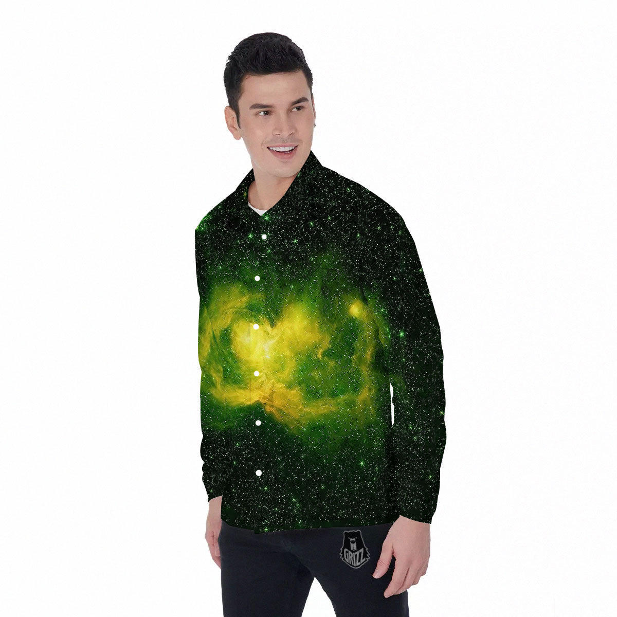 Galaxy Sparkle Green Print Men's Long Sleeve Shirts-grizzshop