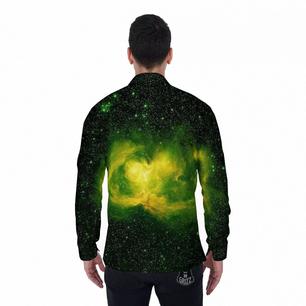 Galaxy Sparkle Green Print Men's Long Sleeve Shirts-grizzshop