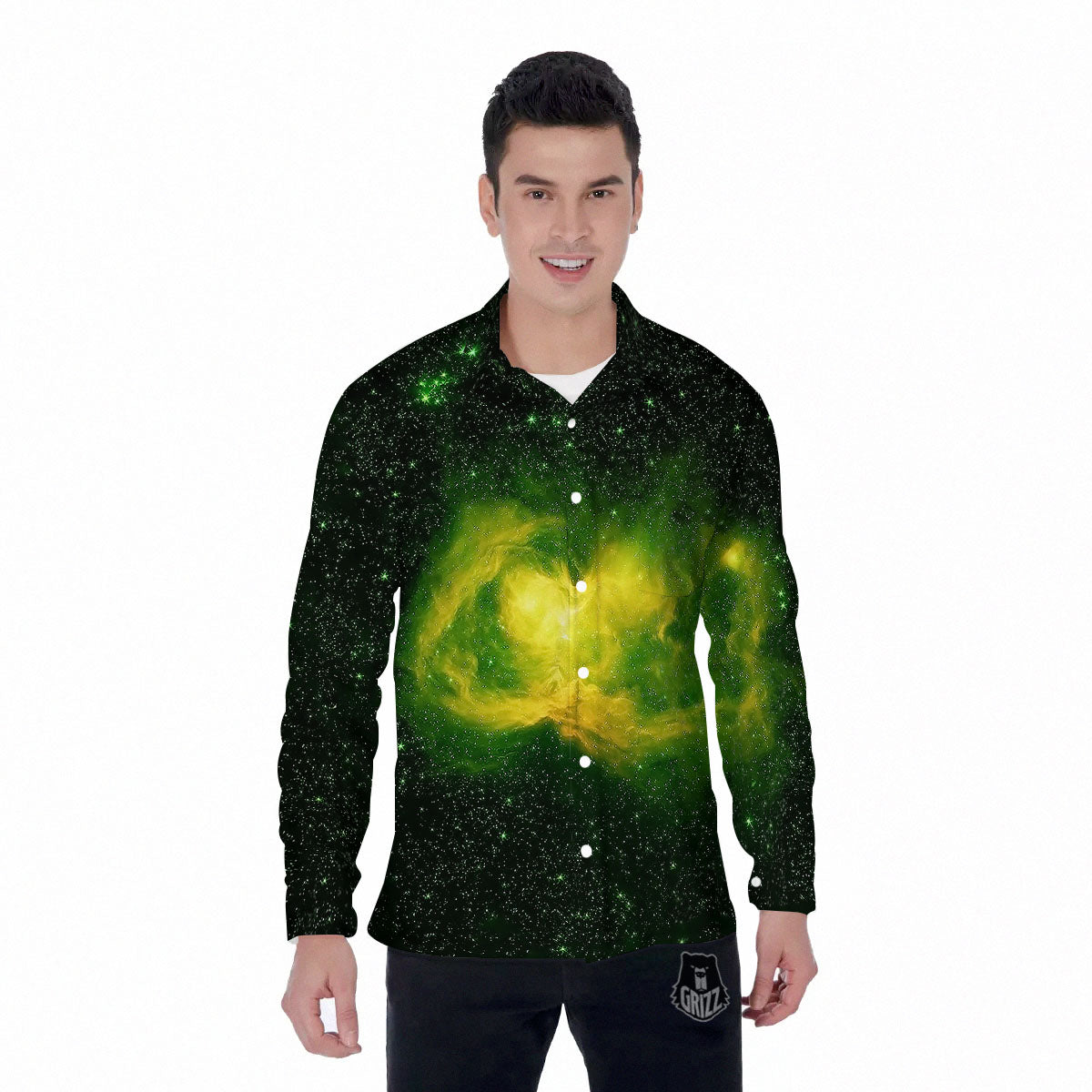 Galaxy Sparkle Green Print Men's Long Sleeve Shirts-grizzshop
