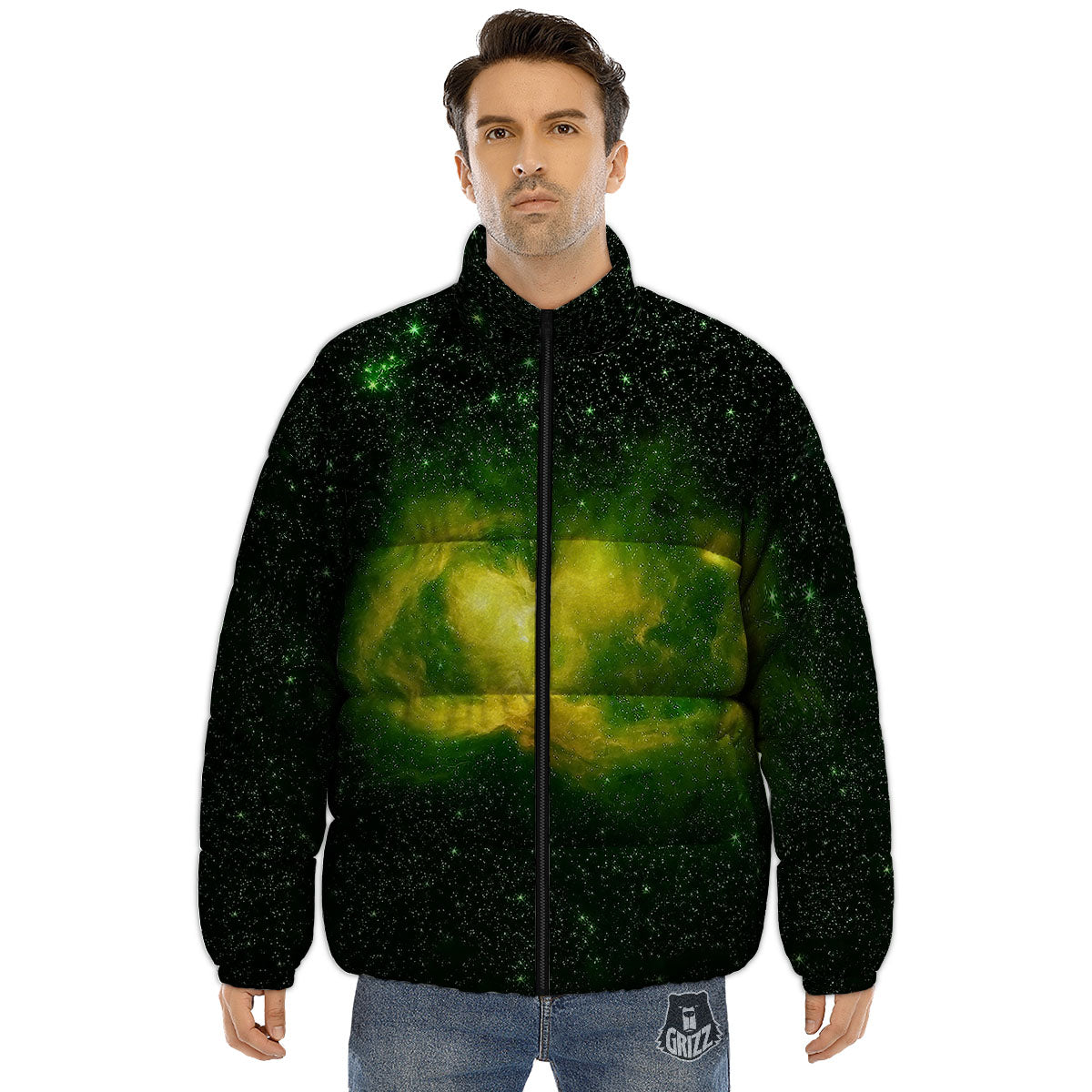 Galaxy Sparkle Green Print Puffer Jacket-grizzshop
