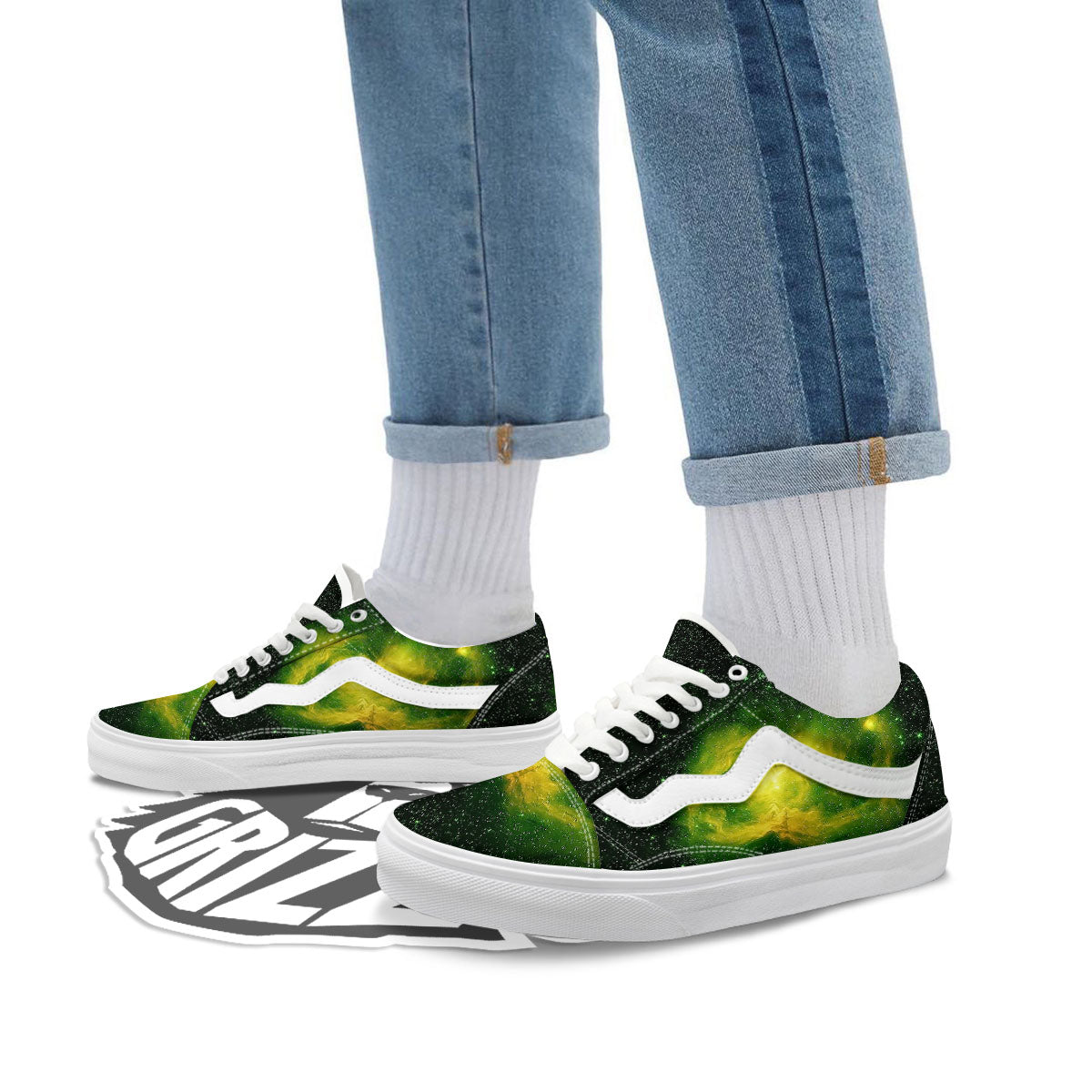 Galaxy Sparkle Green Print Skate Shoes-grizzshop