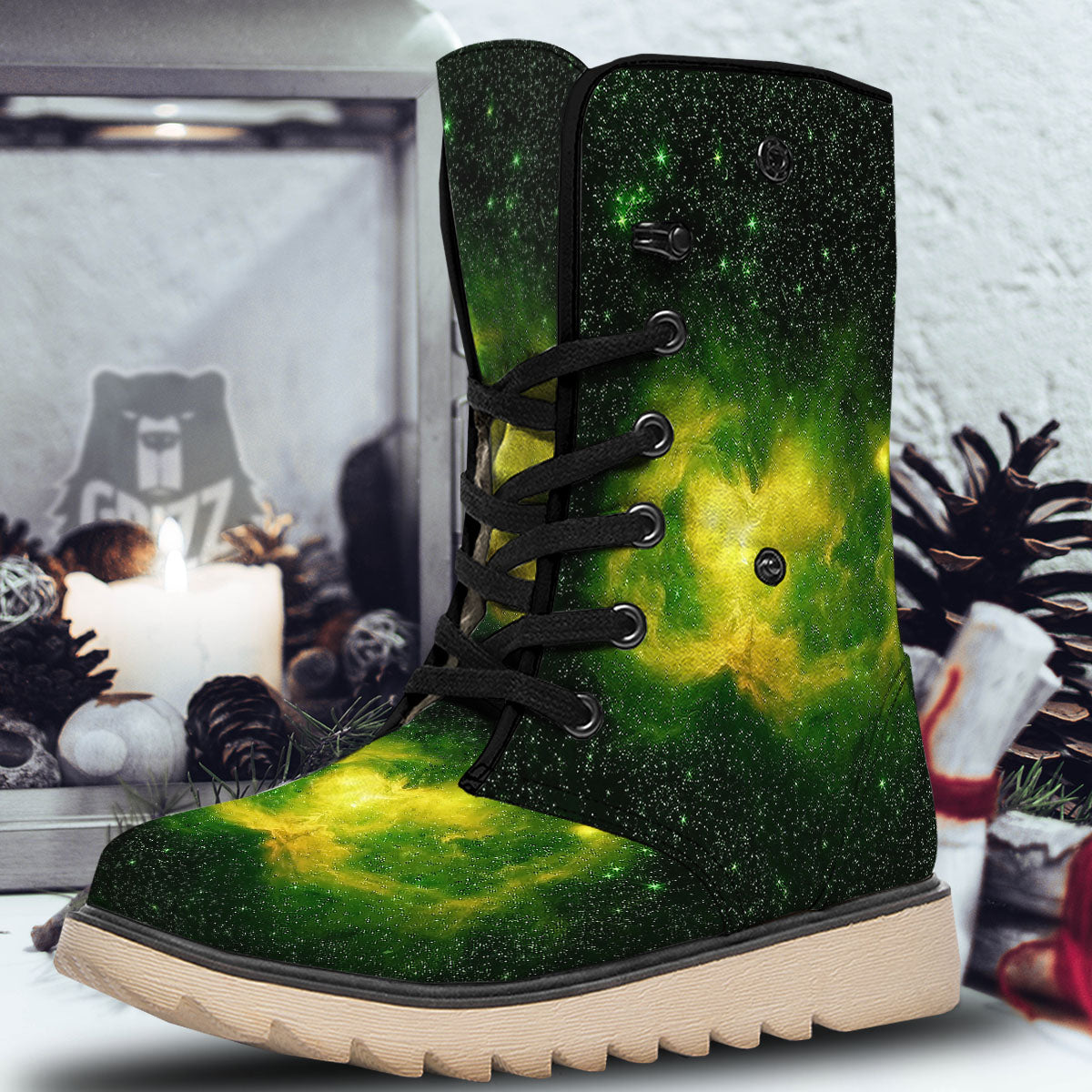 Galaxy Sparkle Green Print Snow Boots-grizzshop