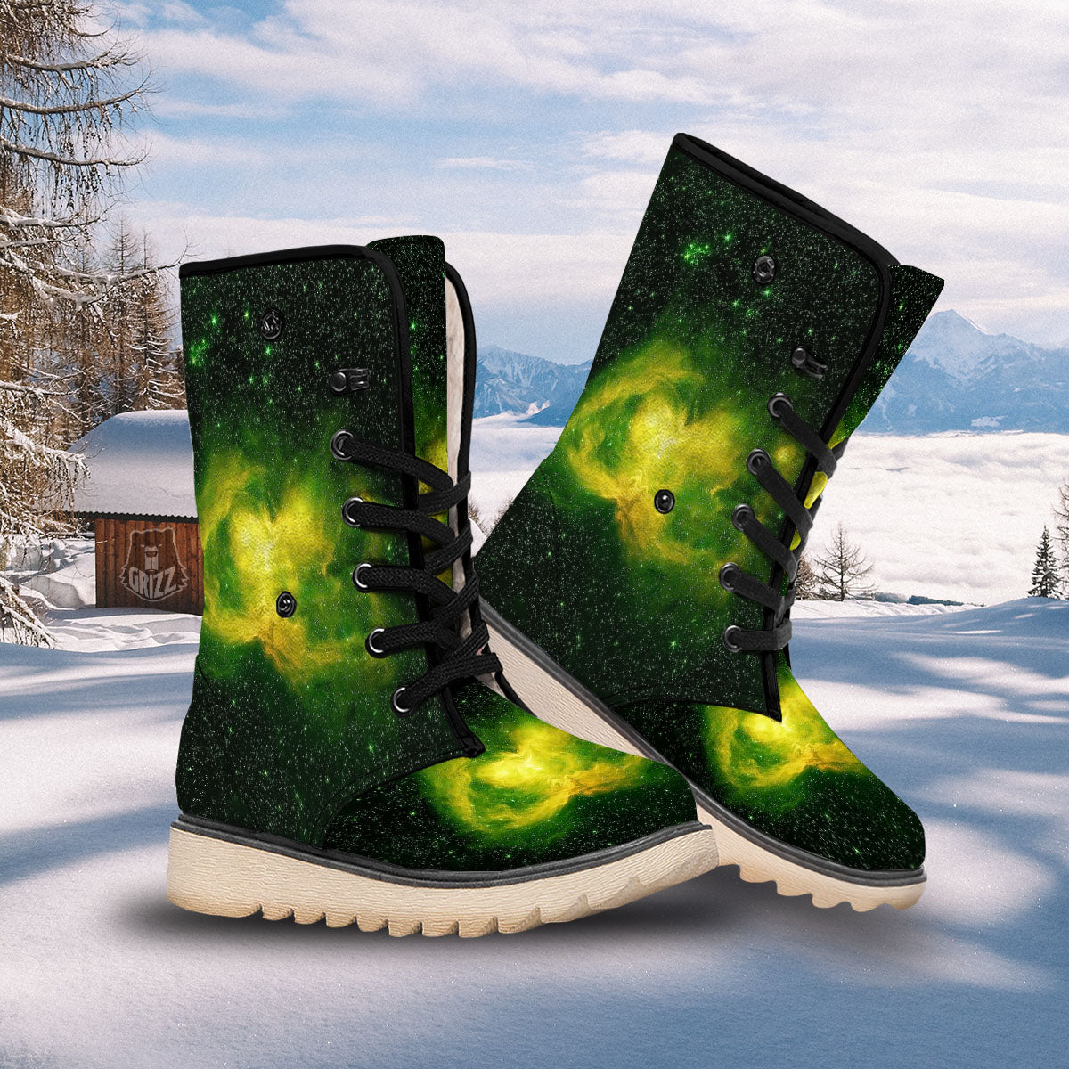 Galaxy Sparkle Green Print Snow Boots-grizzshop