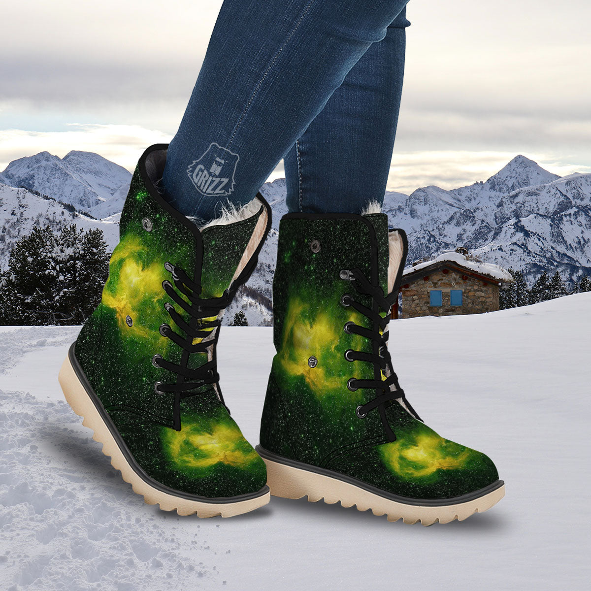 Galaxy Sparkle Green Print Snow Boots-grizzshop