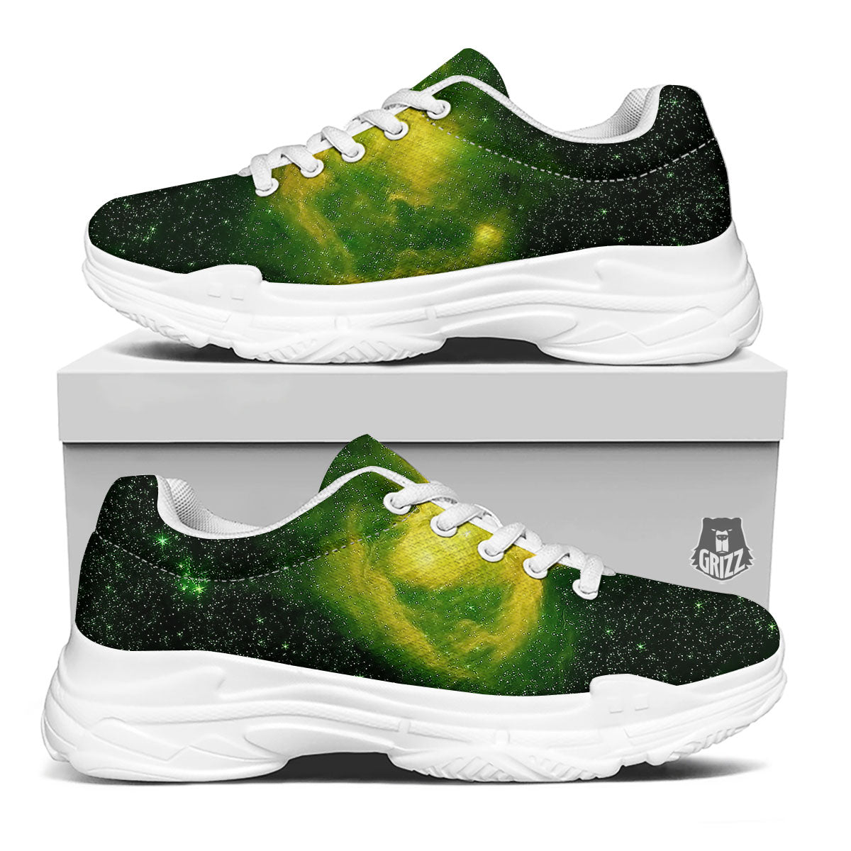 Galaxy Sparkle Green Print White Chunky Shoes-grizzshop