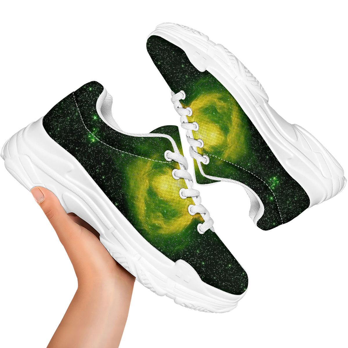 Galaxy Sparkle Green Print White Chunky Shoes-grizzshop