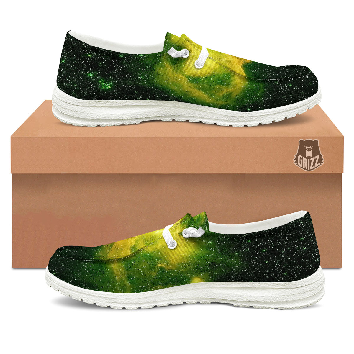 Galaxy Sparkle Green Print White Loafers-grizzshop