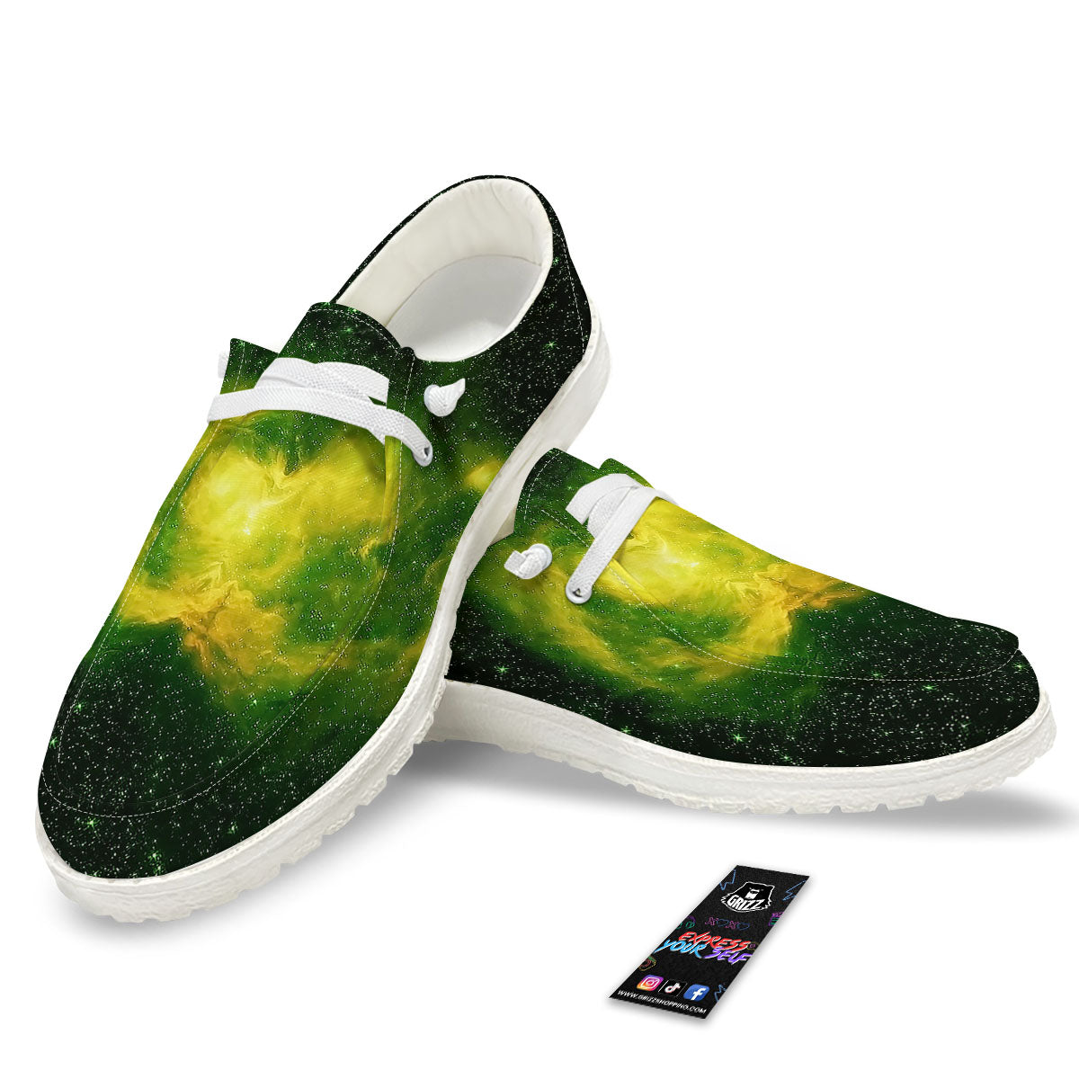 Galaxy Sparkle Green Print White Loafers-grizzshop