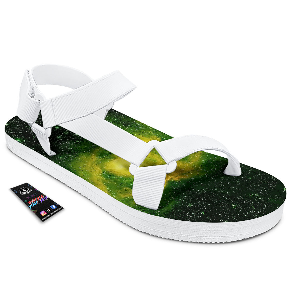 Galaxy Sparkle Green Print White Open Toe Sandals-grizzshop