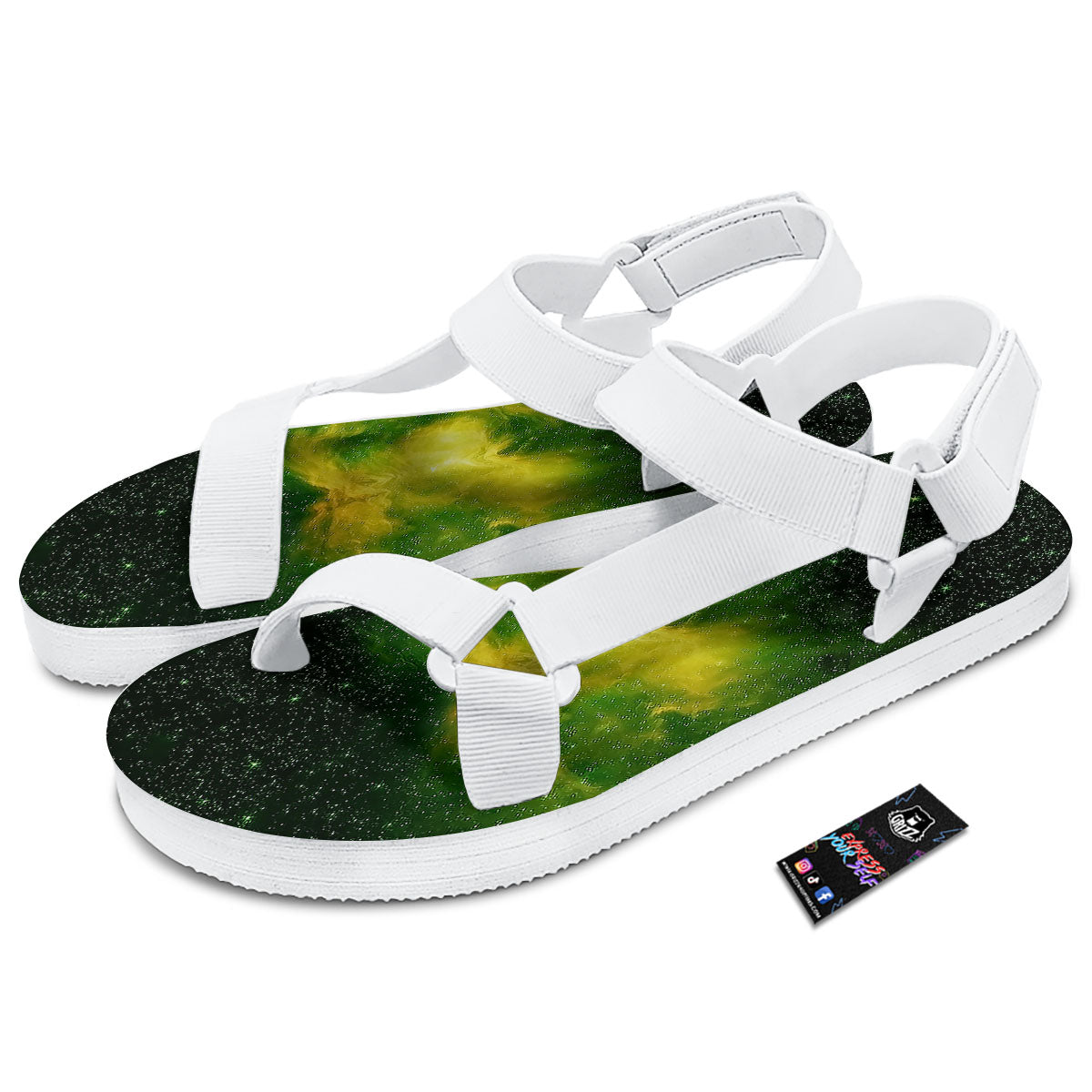 Galaxy Sparkle Green Print White Open Toe Sandals-grizzshop