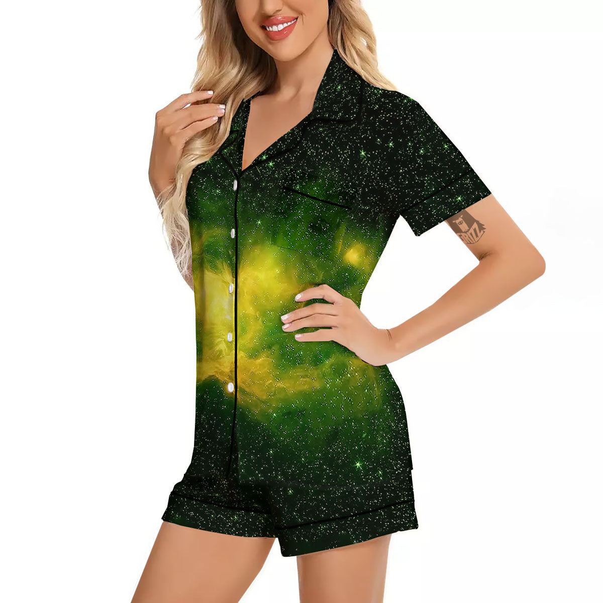 Galaxy Sparkle Green Print Women Silk Pajamas-grizzshop