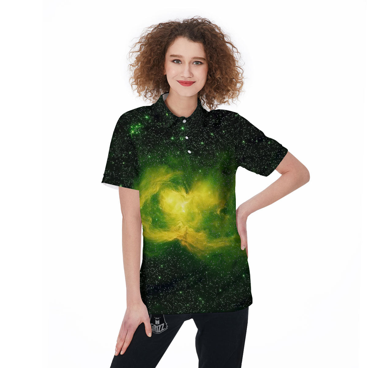 Galaxy Sparkle Green Print Women's Golf Shirts-grizzshop