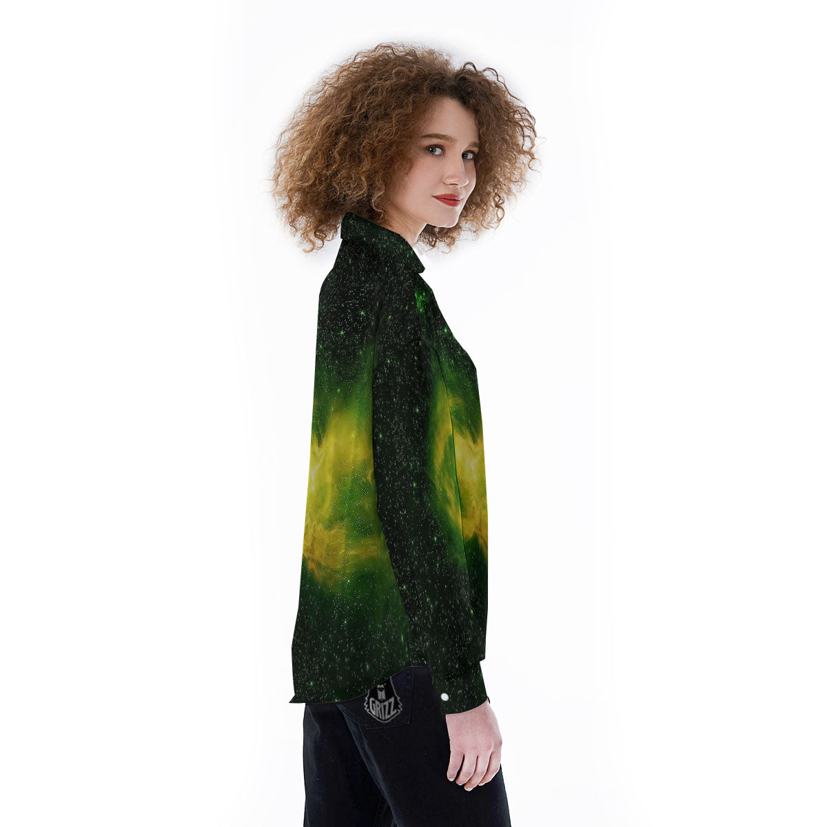 Galaxy Sparkle Green Print Women's Long Sleeve Shirts-grizzshop