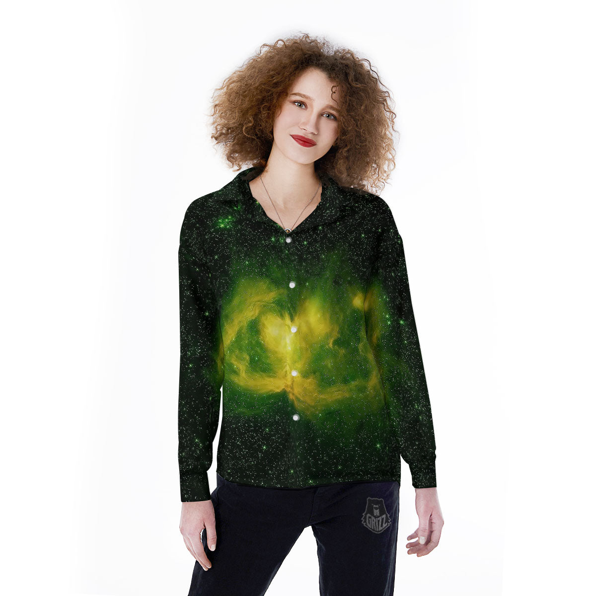 Galaxy Sparkle Green Print Women's Long Sleeve Shirts-grizzshop
