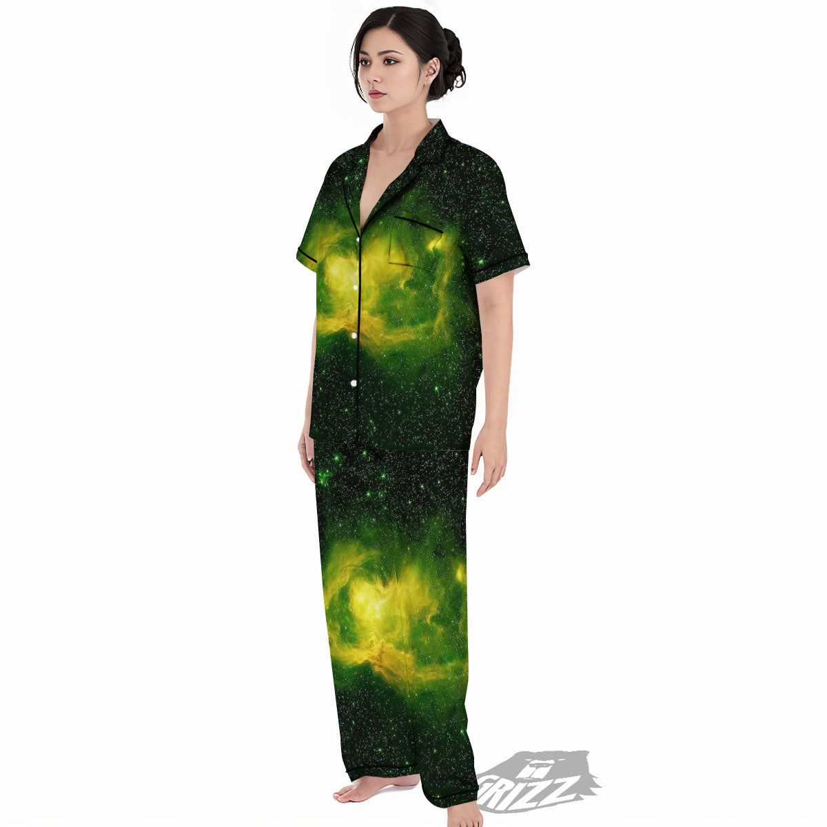 Galaxy Sparkle Green Print Women's Pajamas Set-grizzshop