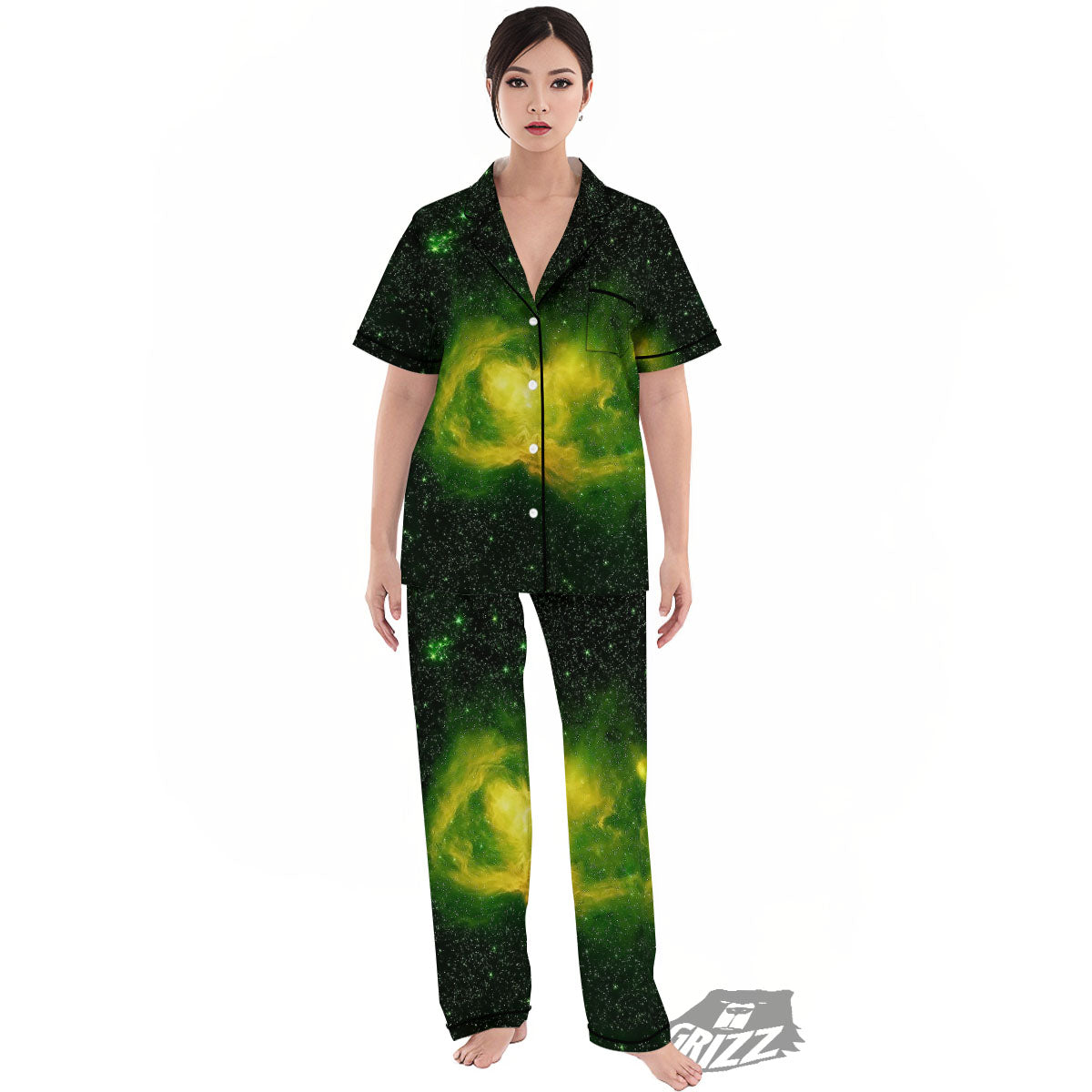 Galaxy Sparkle Green Print Women's Pajamas Set-grizzshop