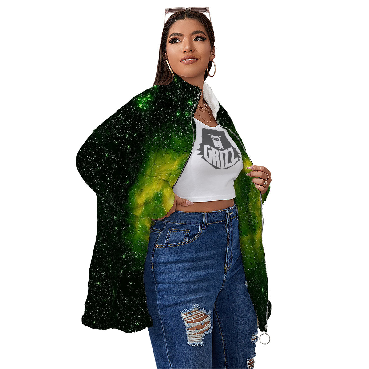 Galaxy Sparkle Green Print Women's Sherpa Jacket-grizzshop