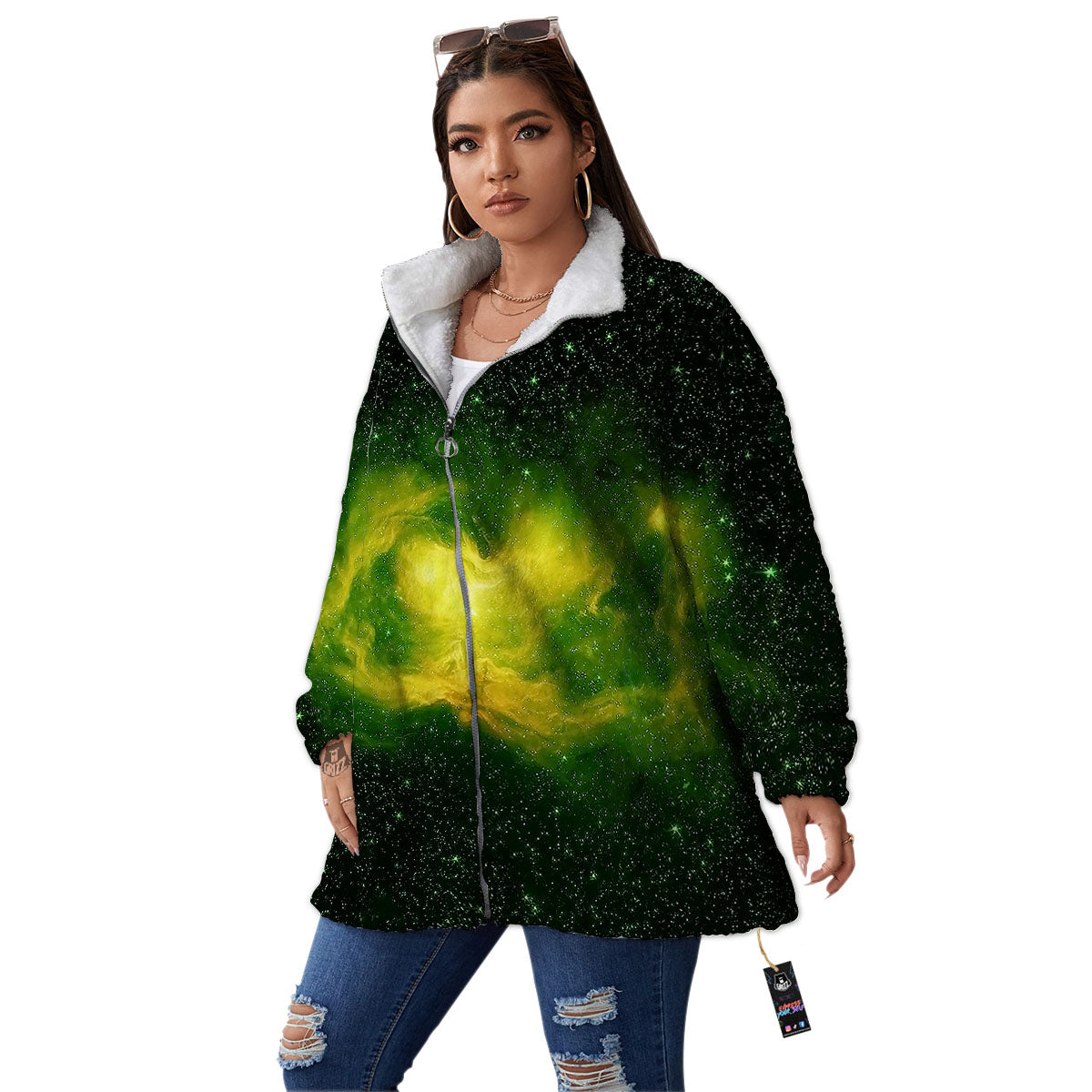 Galaxy Sparkle Green Print Women's Sherpa Jacket-grizzshop