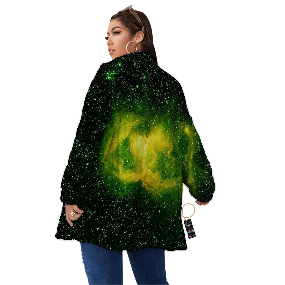 Galaxy Sparkle Green Print Women's Sherpa Jacket-grizzshop