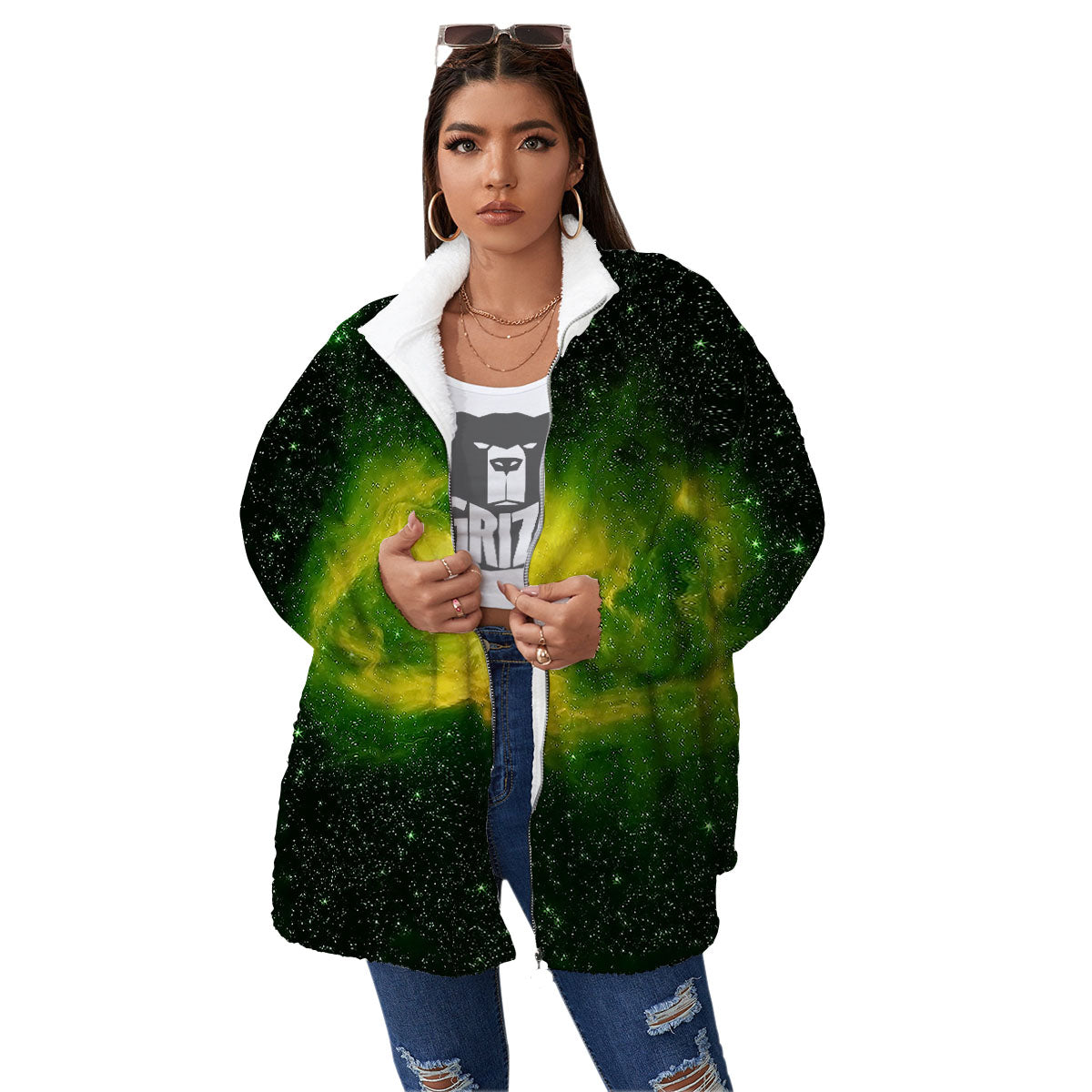 Galaxy Sparkle Green Print Women's Sherpa Jacket-grizzshop