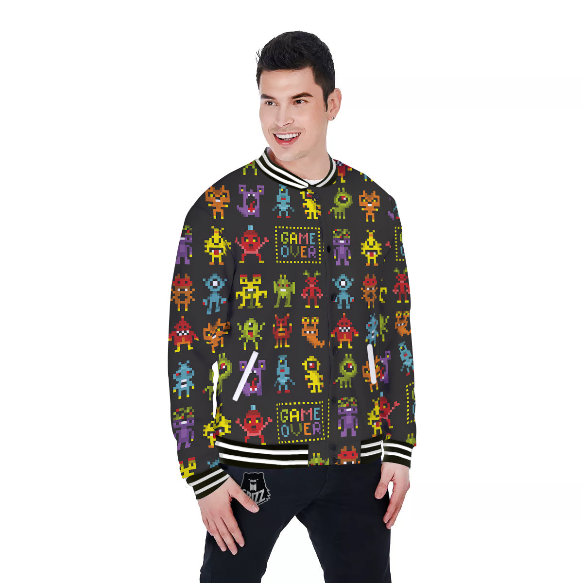 Game Monsters 8-Bit Video Print Pattern Baseball Jacket-grizzshop