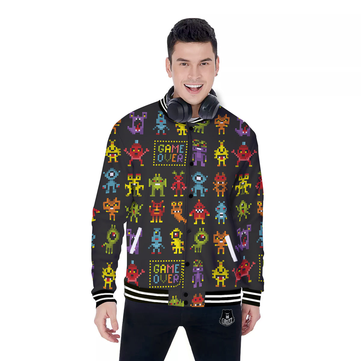 Game Monsters 8-Bit Video Print Pattern Baseball Jacket-grizzshop