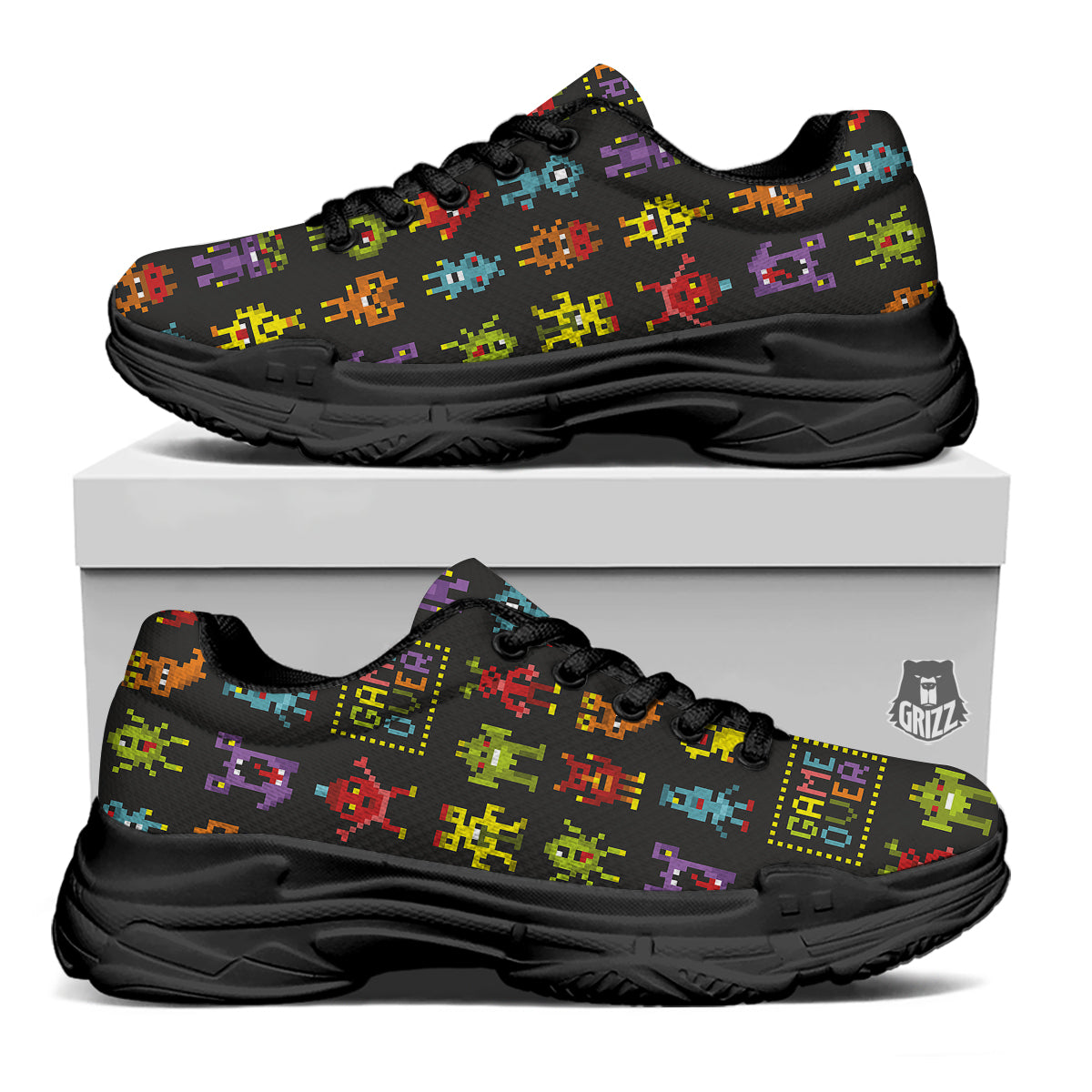 Game Monsters 8-Bit Video Print Pattern Black Chunky Shoes-grizzshop