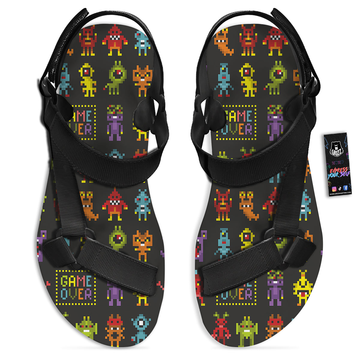Game Monsters 8-Bit Video Print Pattern Black Open Toe Sandals-grizzshop